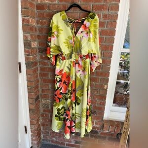 Boemo Anthropologie Floral Tropical Green Maxi Dress fairy  Vacation Size L